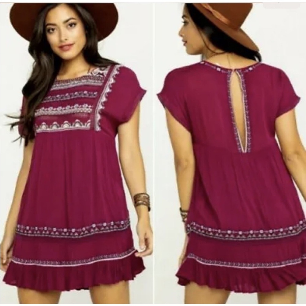 Free People Magenta Embroidered Mini Dress